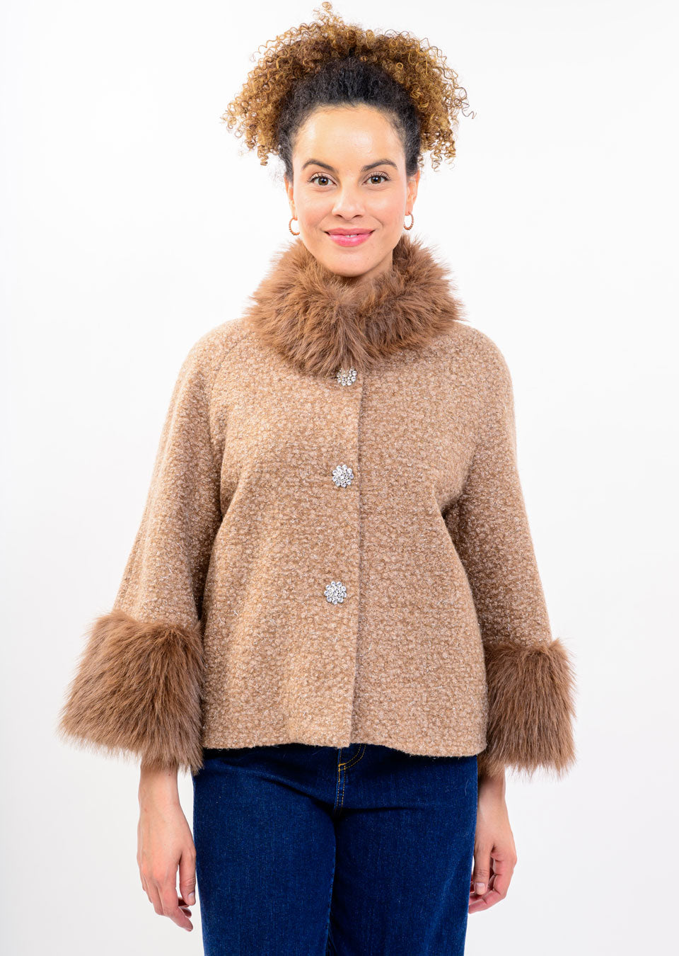 IJ BOUCLE SPARKLE FUR TRIM JACKET 130259