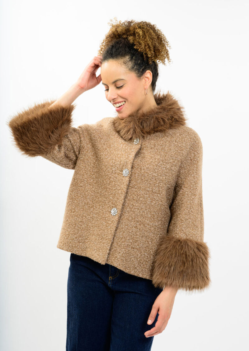 IJ BOUCLE SPARKLE FUR TRIM JACKET 130259