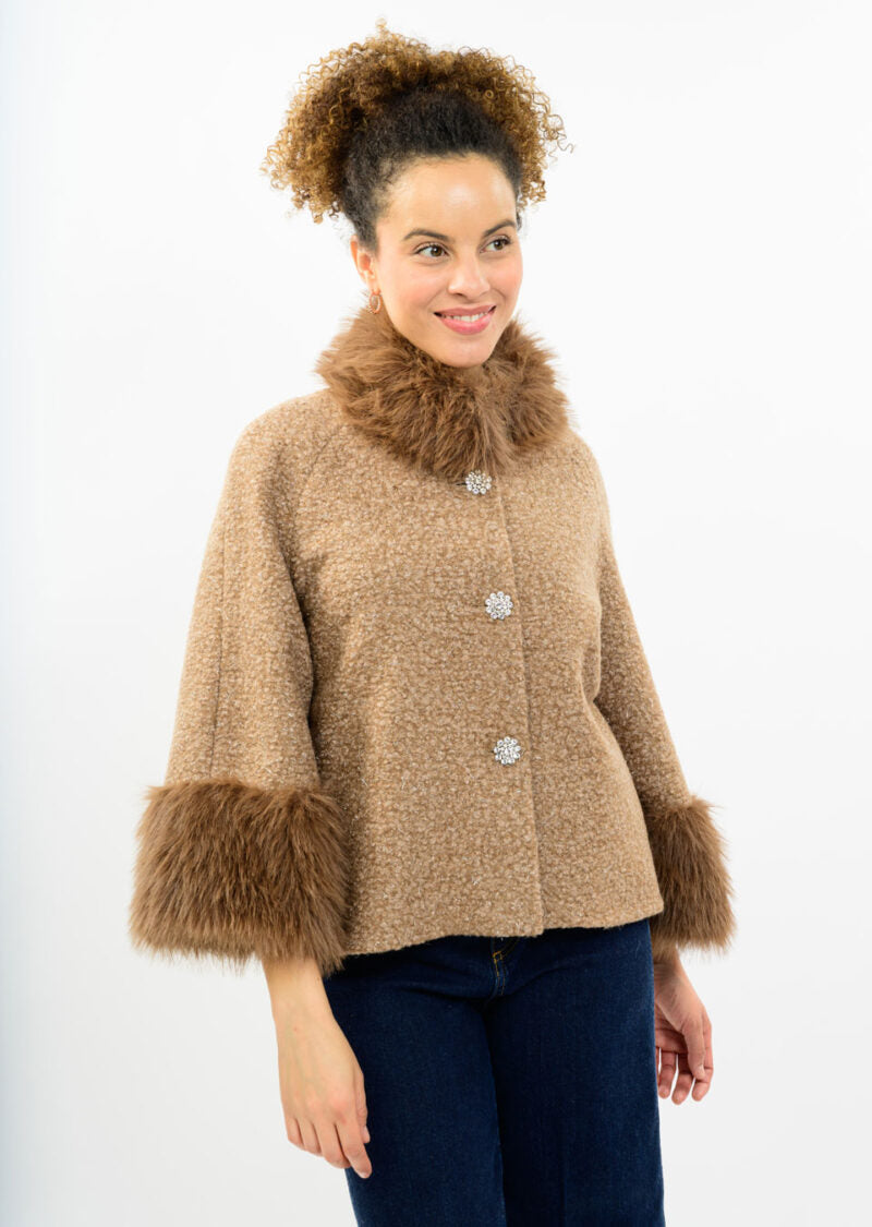 IJ BOUCLE SPARKLE FUR TRIM JACKET 130259