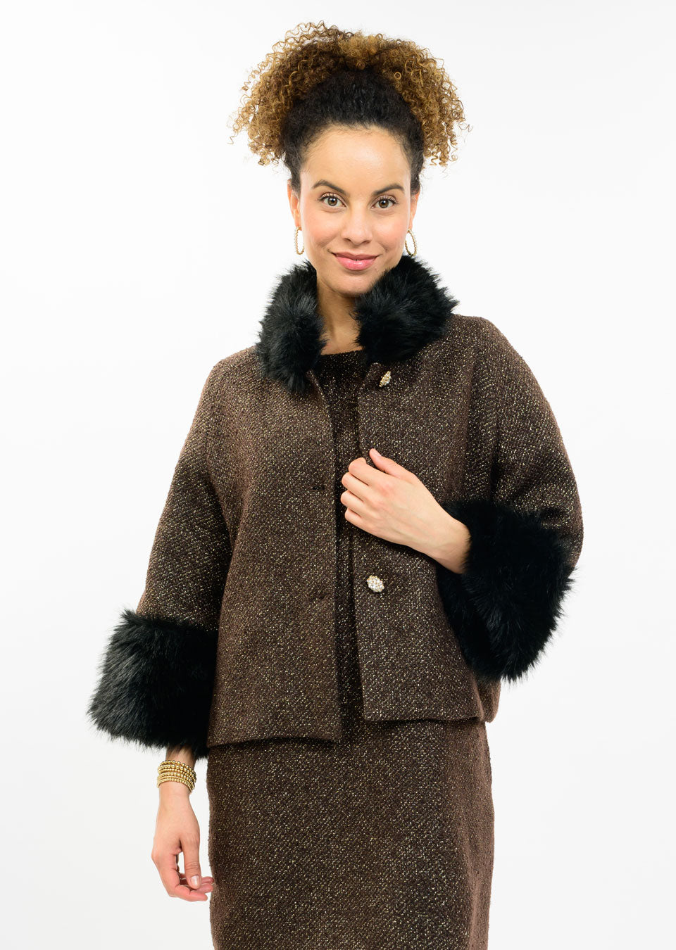 IJ SPARKLE TWEED FUR TRIM JACKET 130266