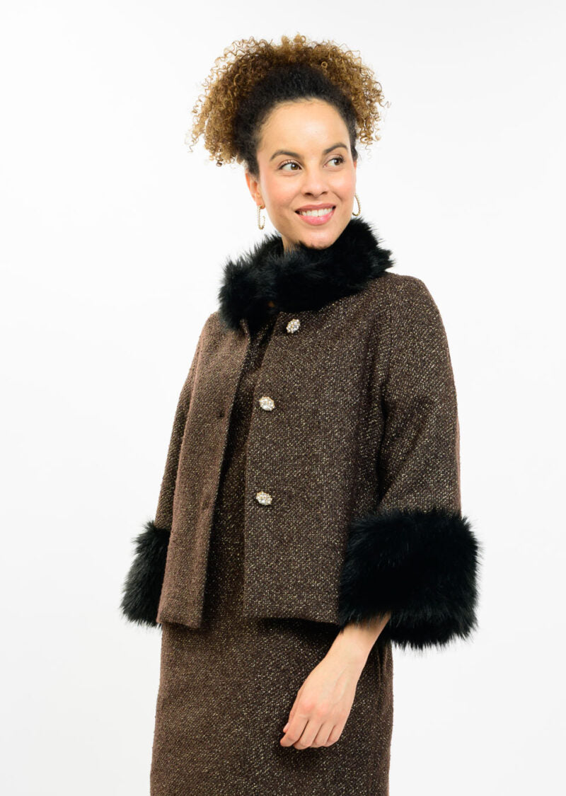 IJ SPARKLE TWEED FUR TRIM JACKET 130266
