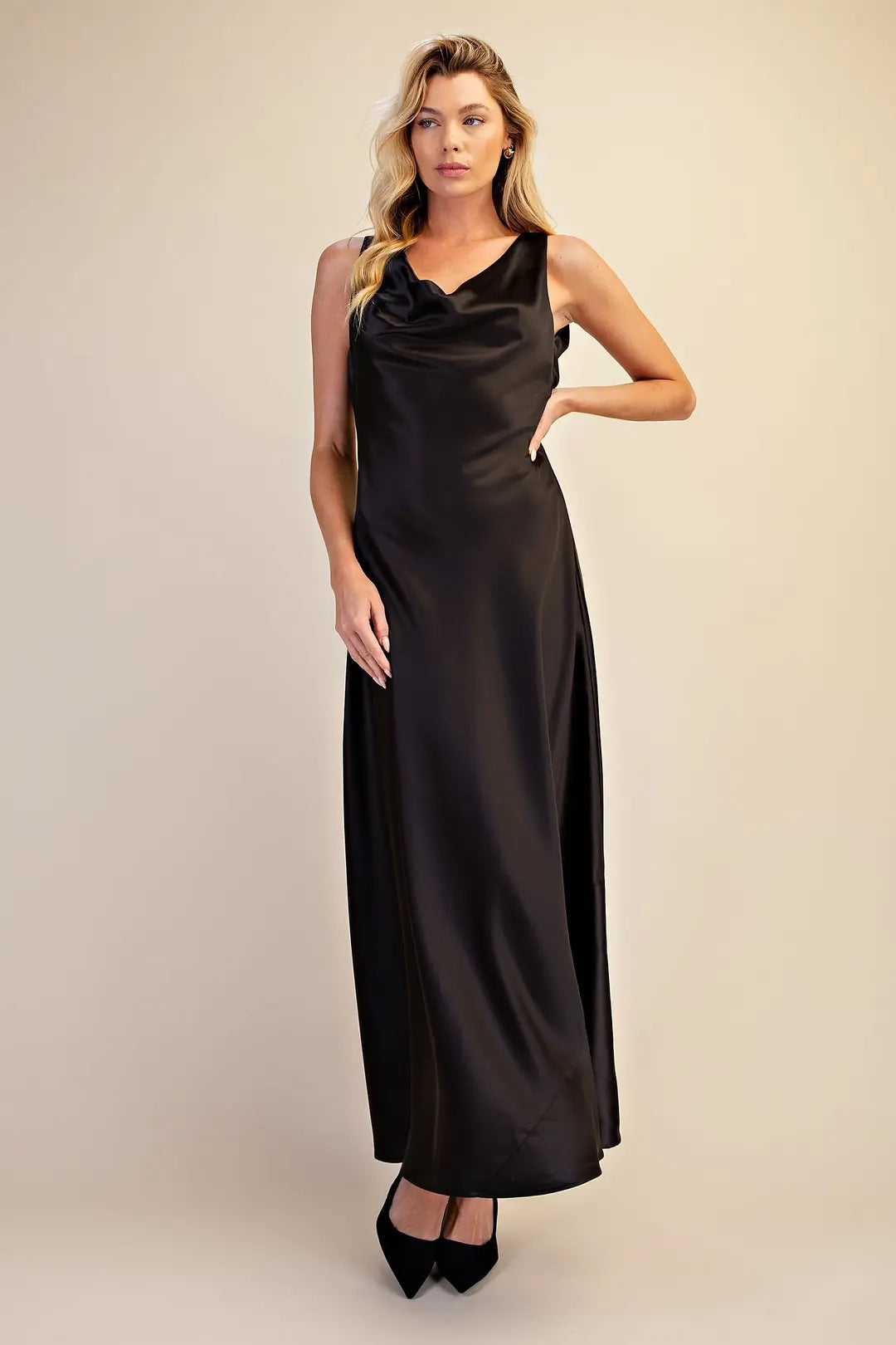 GLAM BLACK SATIN EVENING DRESS D9358