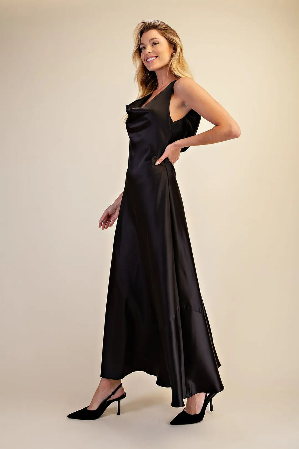 GLAM BLACK SATIN EVENING DRESS D9358