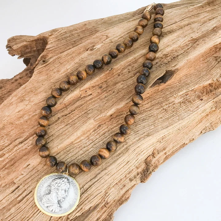 VIRTUE GEMSTONE 10MM NECKLACE W VINTAGE COIN