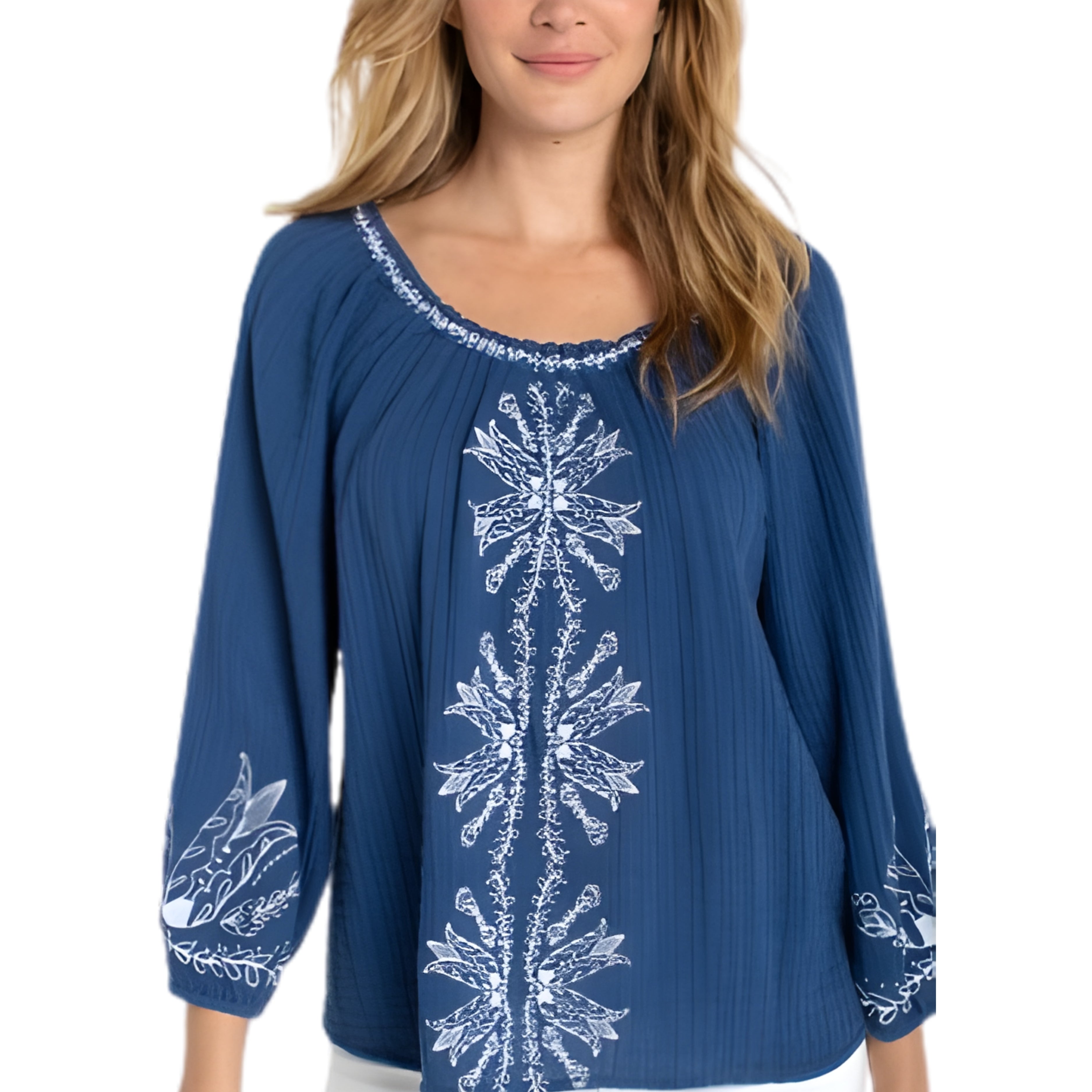 3/4 Sleeve Woven Top w/ Emb