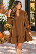 JOYJOY BROWN COLLAR FLOUNCED DRESS