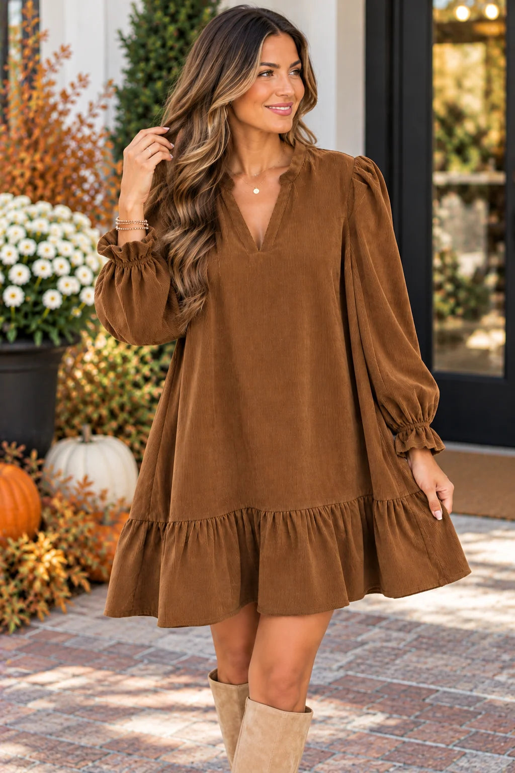 JOYJOY BROWN COLLAR FLOUNCED DRESS