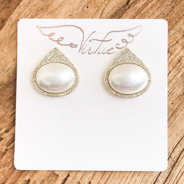 VIRTUE PAVE TEARDROP STUD EARRINGS W/PEARL CENTER 3780