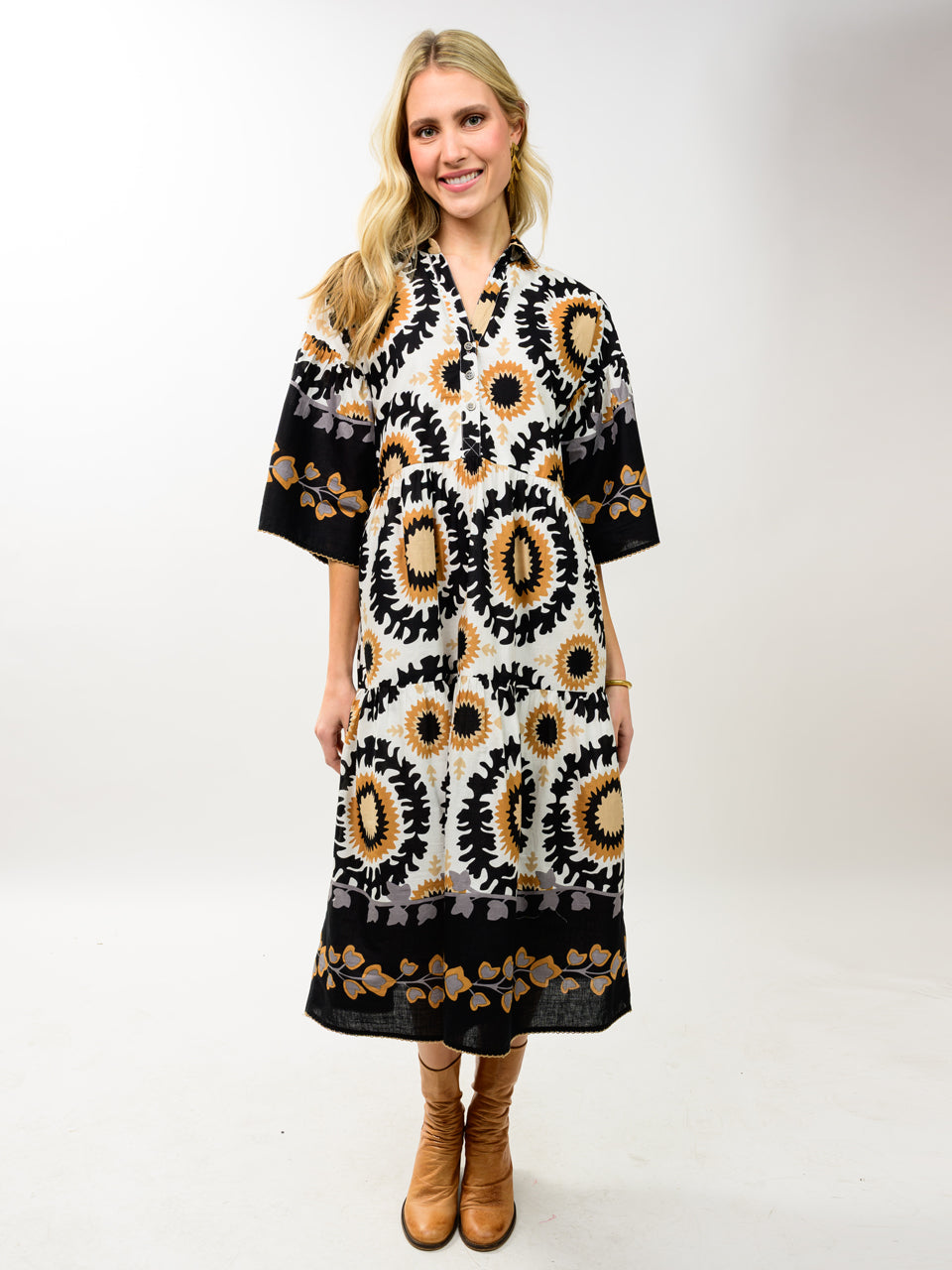 UF TIERED MAXI BORDER PRINT DRESS 72698
