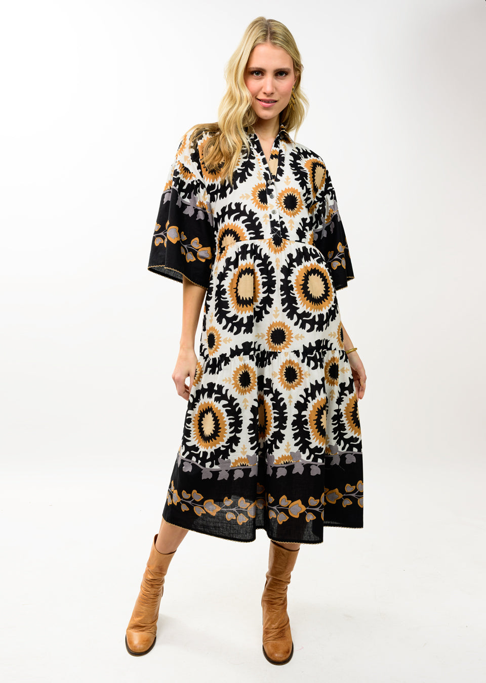UF TIERED MAXI BORDER PRINT DRESS 72698