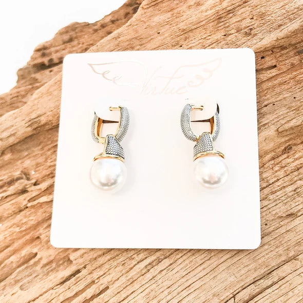 VIRTUE PAVE LINK HINGE PEARL DROP EARRINGS 3708