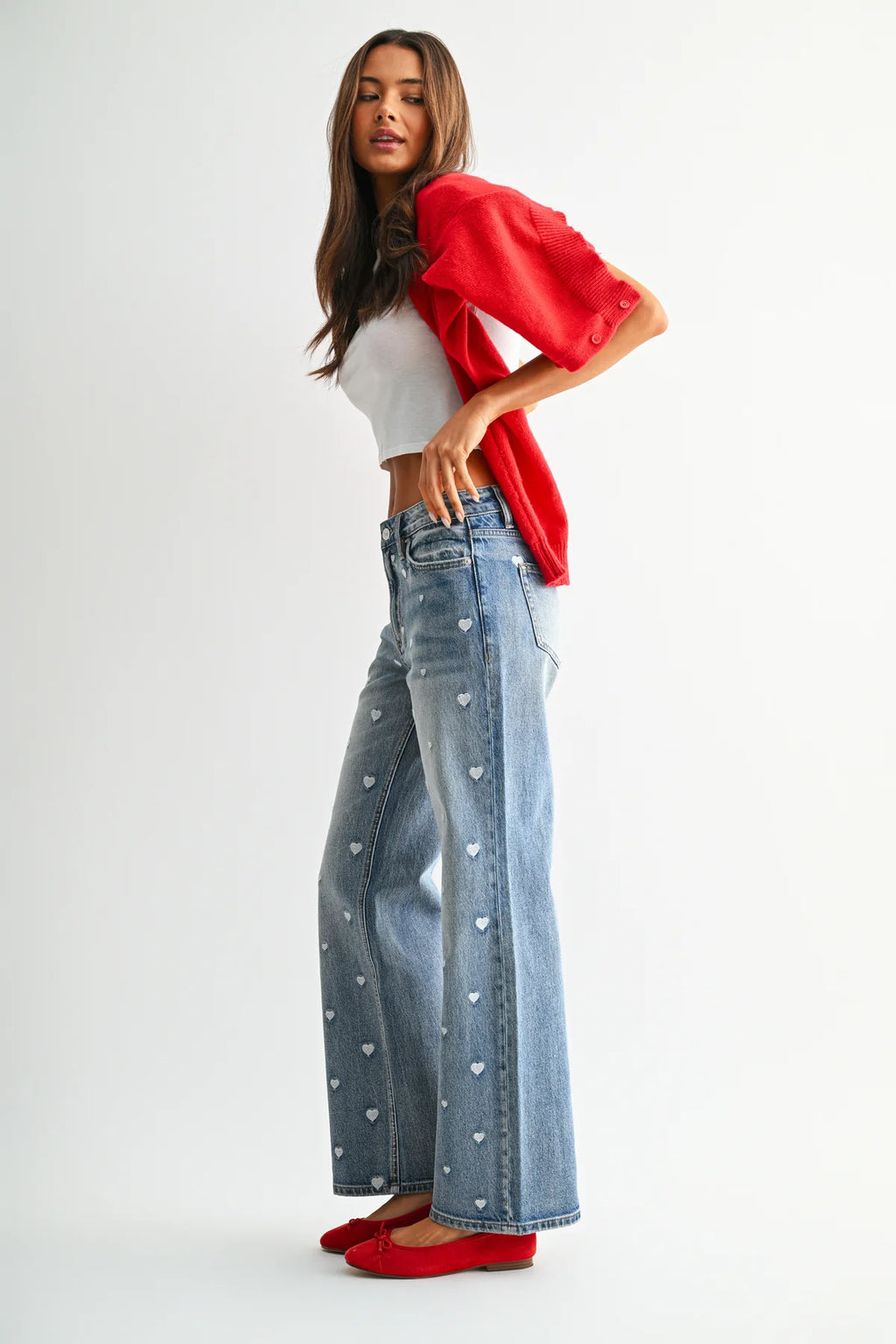 MICA High Rise  Straight Leg Jean With  HEART Embroidery