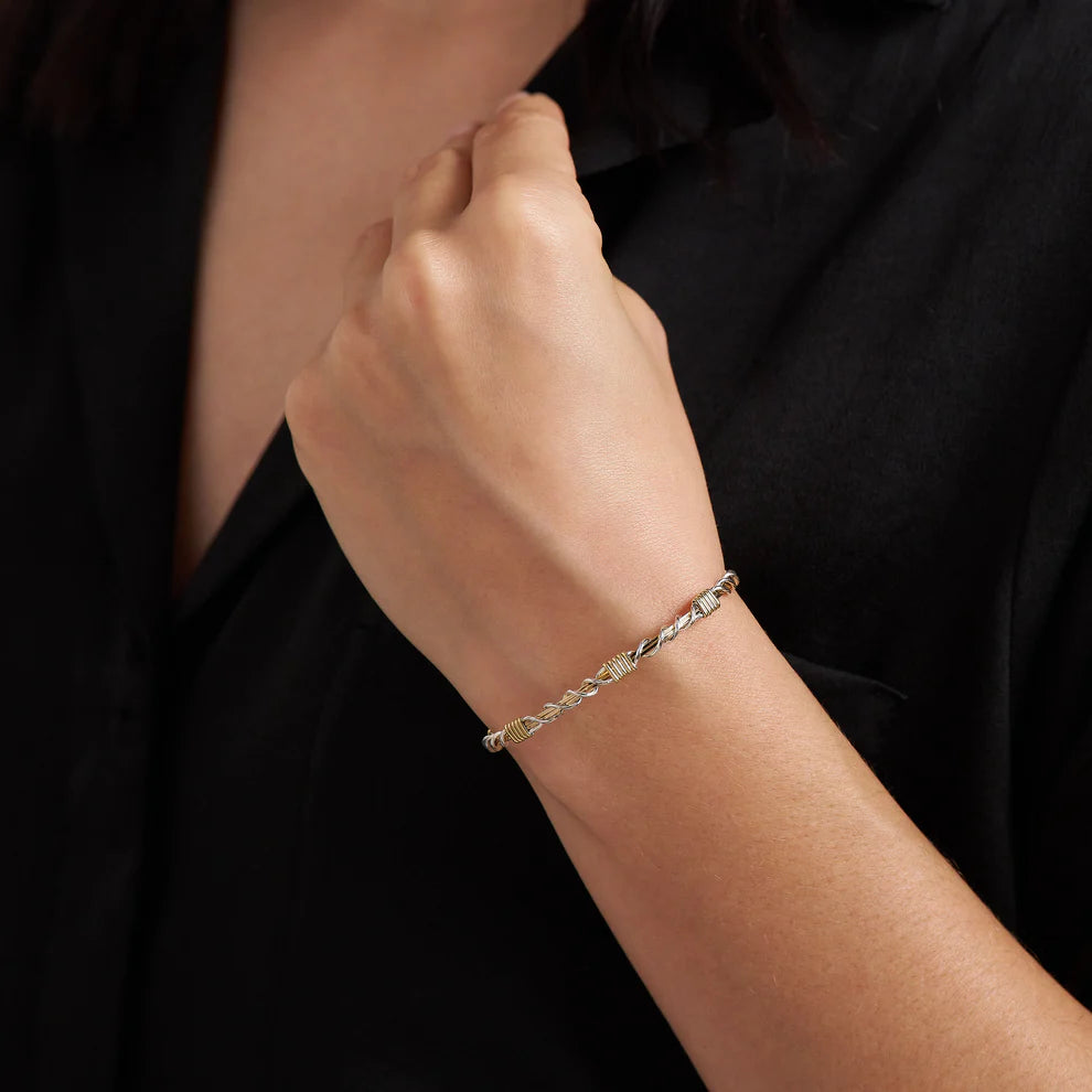 Thankful Bracelet - 14K Gold Artist Wire and Mirrored Sterling Silver / 7" - M