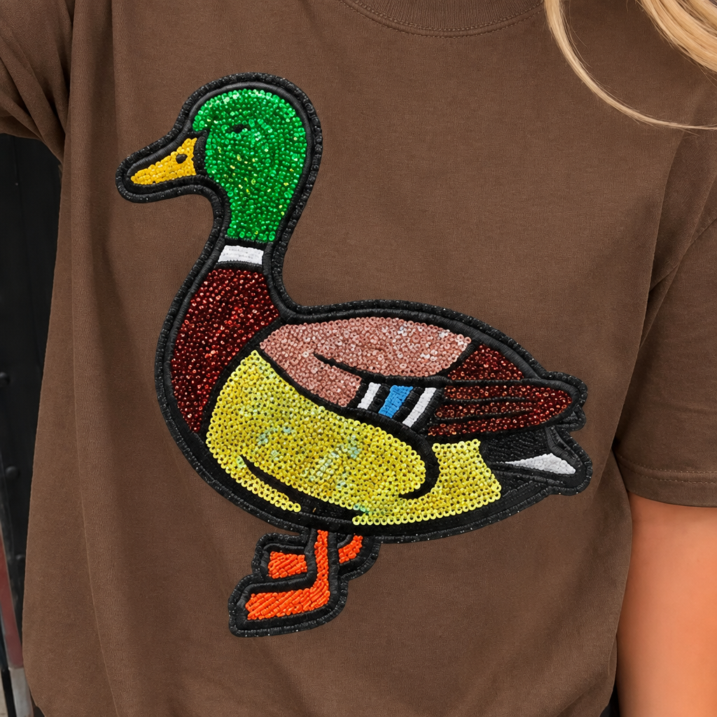 Medium brown tee with sequin mallard duck design