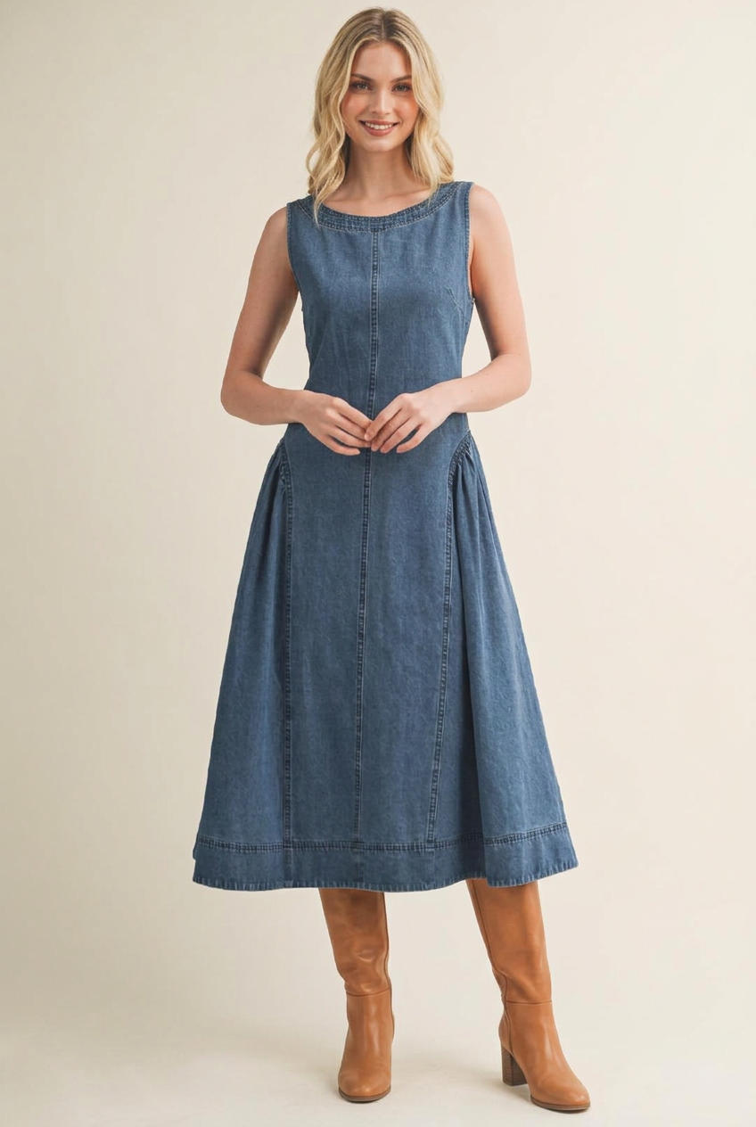 Model wearing a sleeveless flared denim midi dress with tan knee-high boots and no hat