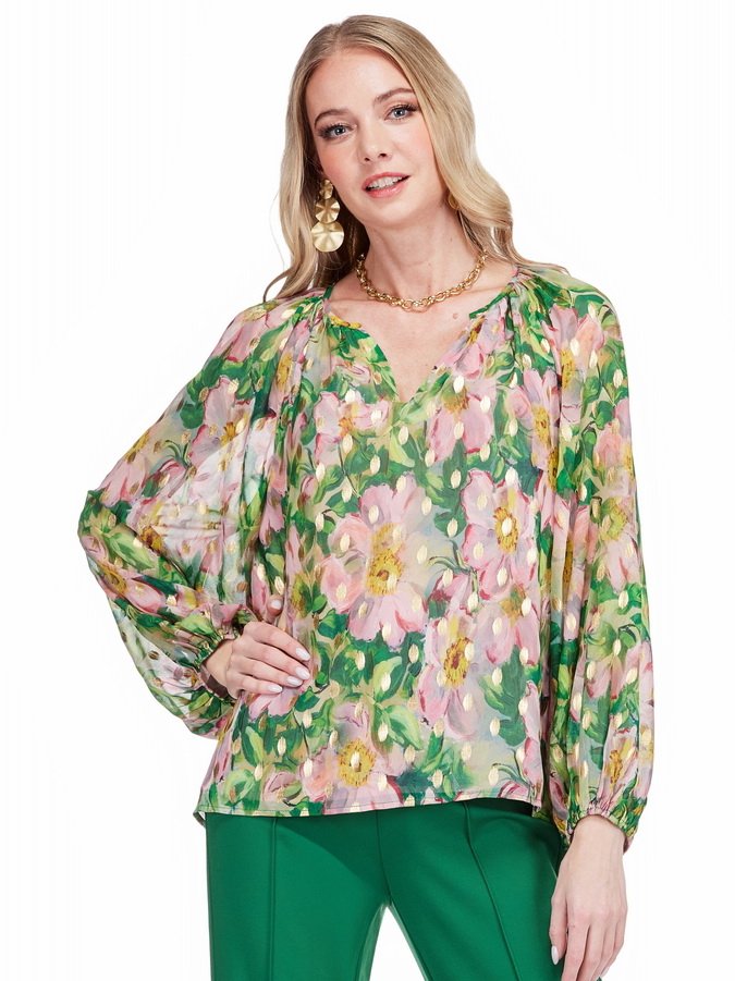Jade Gold Magnolia Floral Top