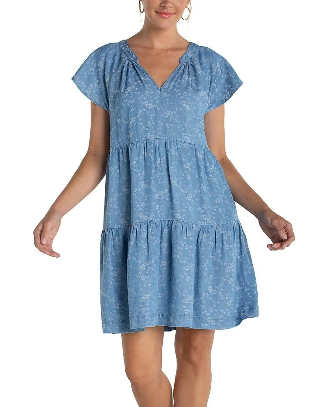 Liverpool Indigo Roses Tiered Flutter Sleeve Soft Denim Dress