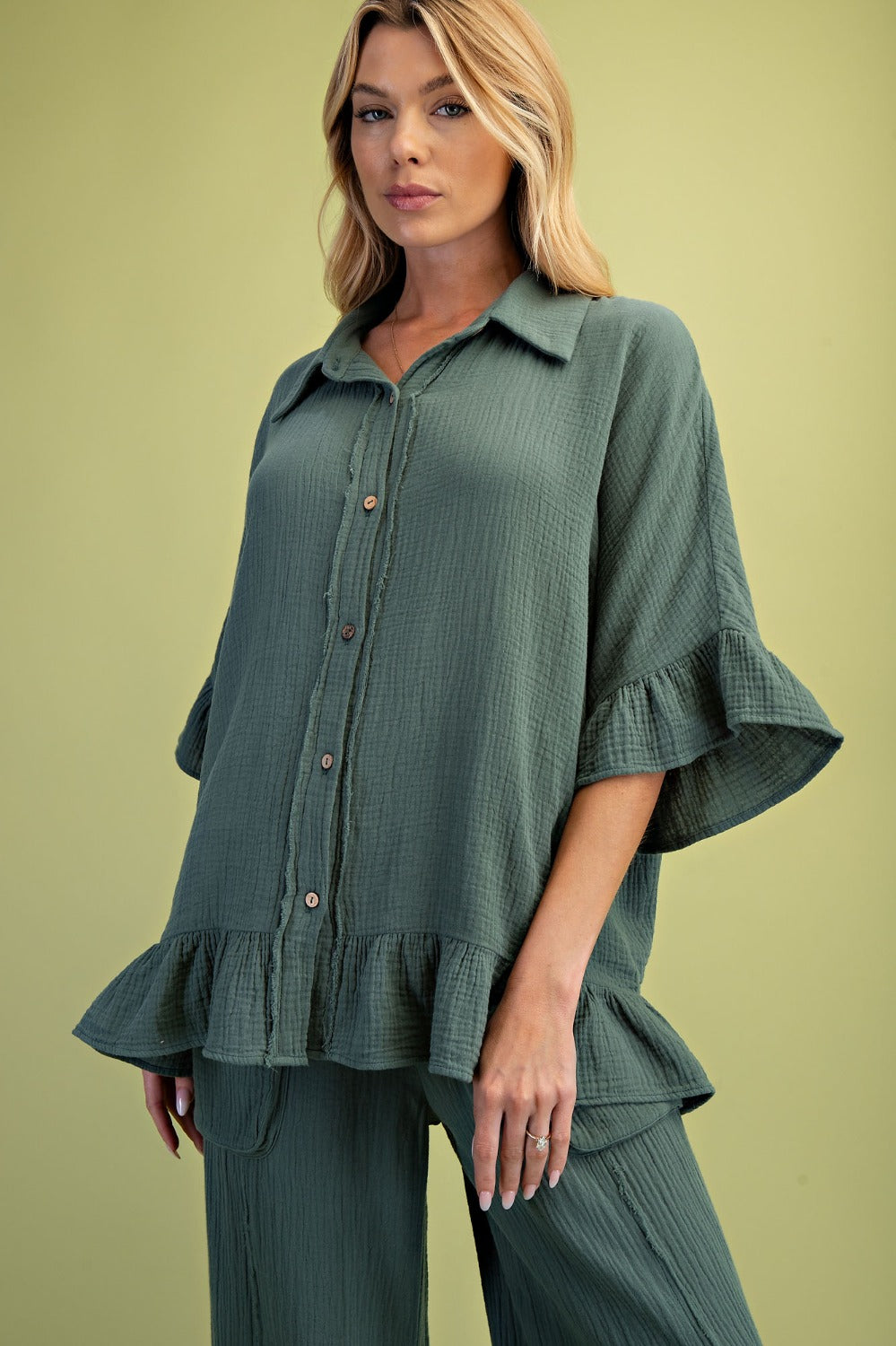 EASEL TEAL GAUZE TOP ST100153
