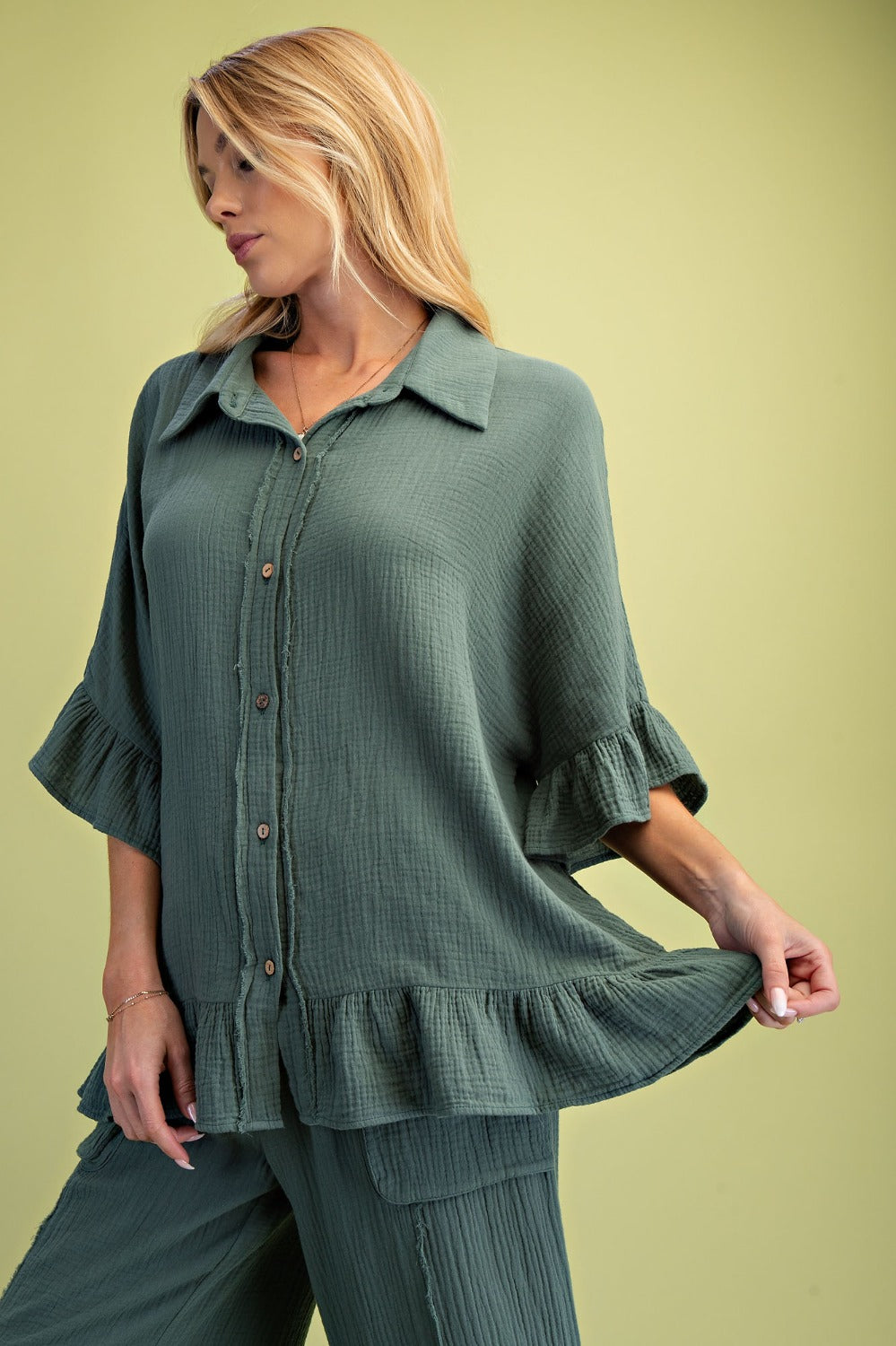 EASEL TEAL GAUZE TOP ST100153