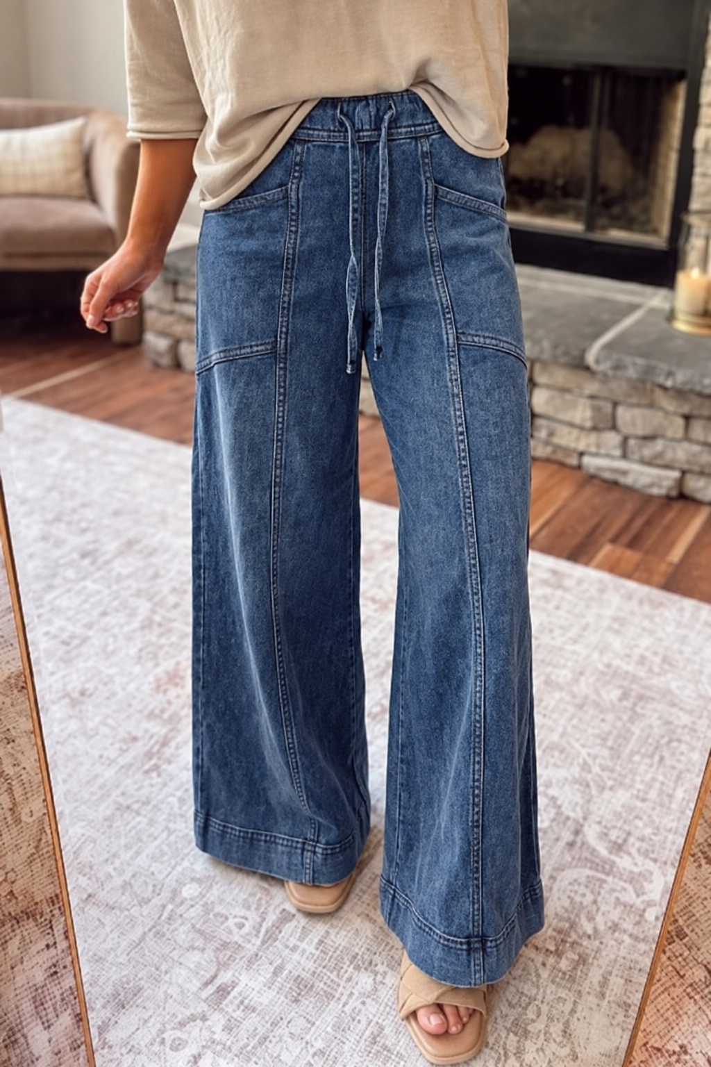 Wide-leg pants recolored to denim blue